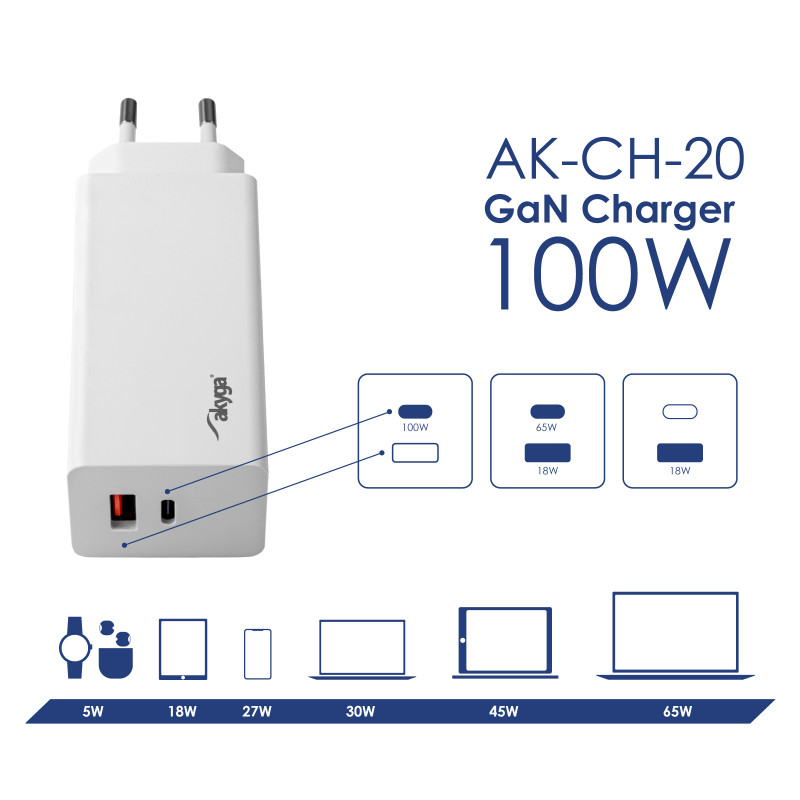 Sieninis įkroviklis Akyga AK-CH-20 100W USB-C USB-A PD GaN 5-20V / 1.5-5A baltas