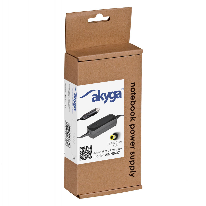 Akyga AK-ND-37 automobilinis nešiojamojo kompiuterio įkroviklis 19 V / 4,74 A, 90 W, 5,5 x 3,0 mm + kaištis, skirtas Samsung