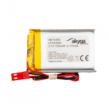 Akyga AKY0383 LP443450 Li-Po akumuliatorius 3,7 V 750 mAh su PCM, JST 2,54 mm 2 kontaktų jungtimi, 150 mm laidais