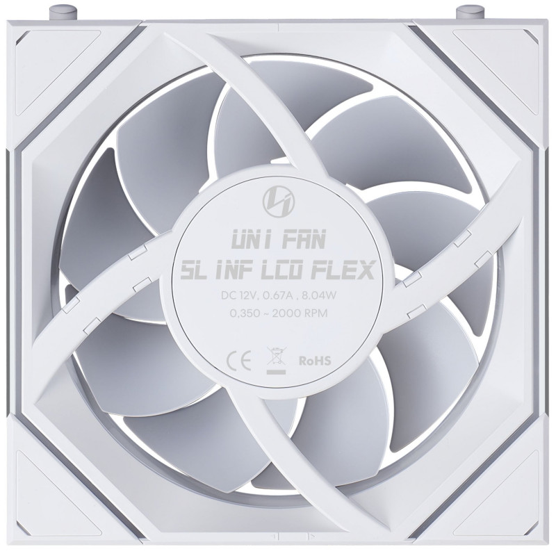 Lian Li UNI FAN SL-INF 120 FLEX LCD Wireless ventiliatorius kompiuterio korpusui, ARGB ir LCD, 120 mm, baltas