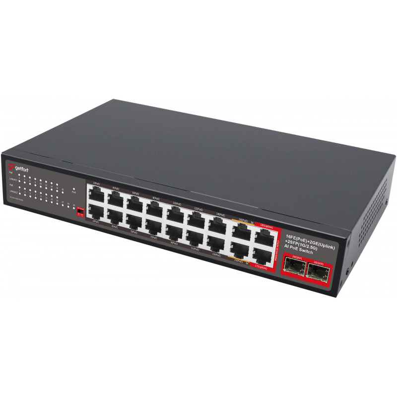 Getfort GF-120G-16P-240 tinklo PoE komutatorius, 16 x 10/100 PoE + 2 x GE + 2 x SFP, 240 W