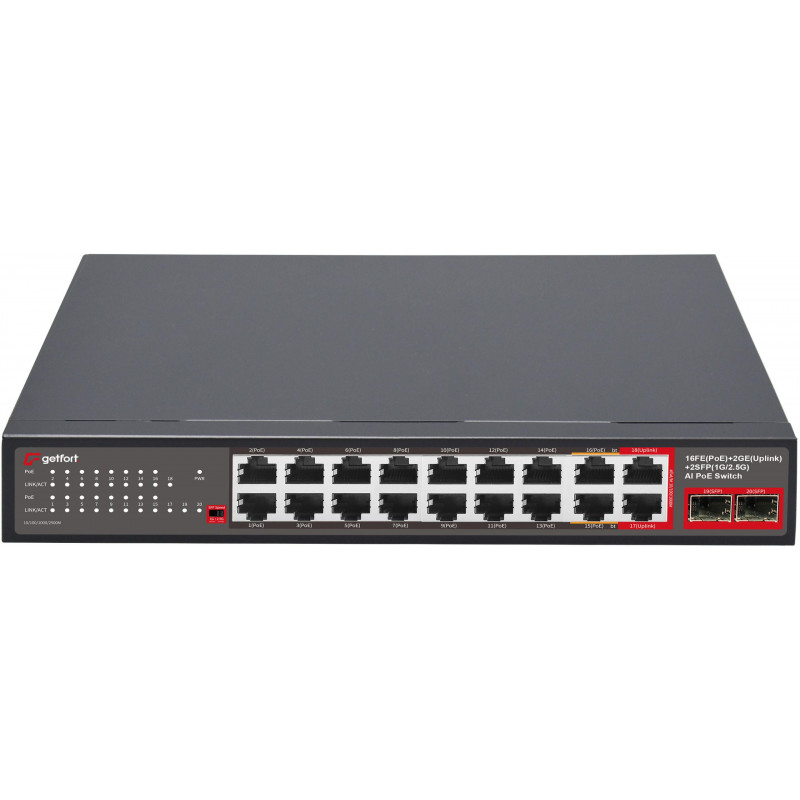 Getfort GF-120G-16P-240 tinklo PoE komutatorius, 16 x 10/100 PoE + 2 x GE + 2 x SFP, 240 W