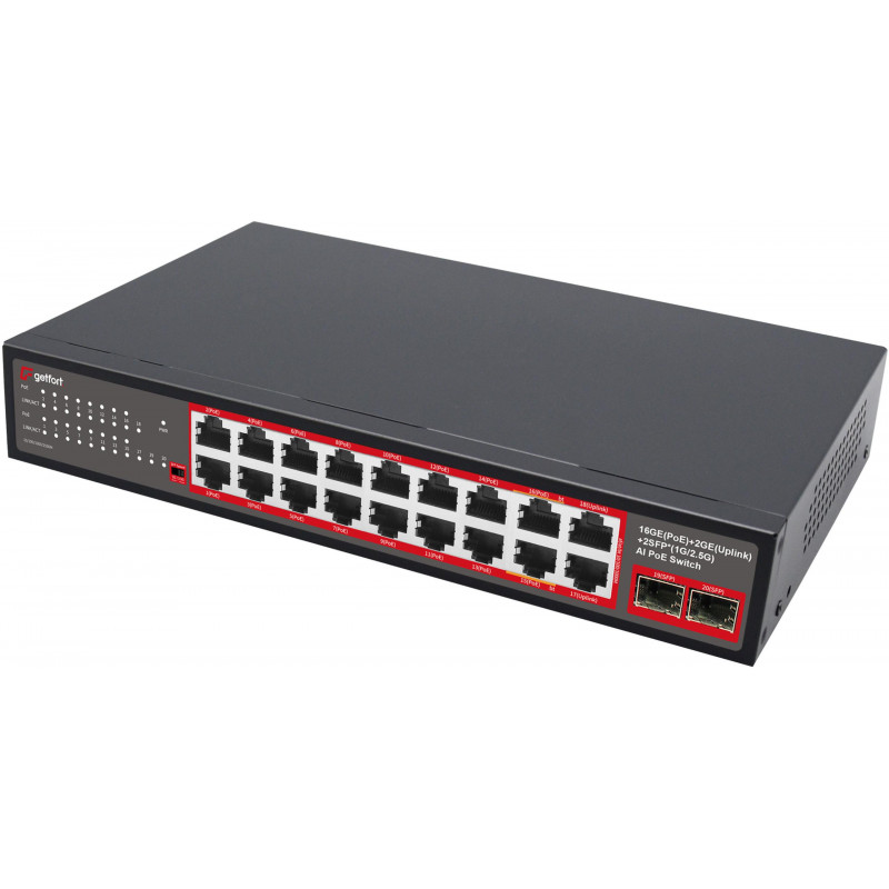 Getfort GF-220G-16P-240 tinklo PoE komutatorius, 16 x GE PoE + 2 x GE + 2 x SFP, 240 W
