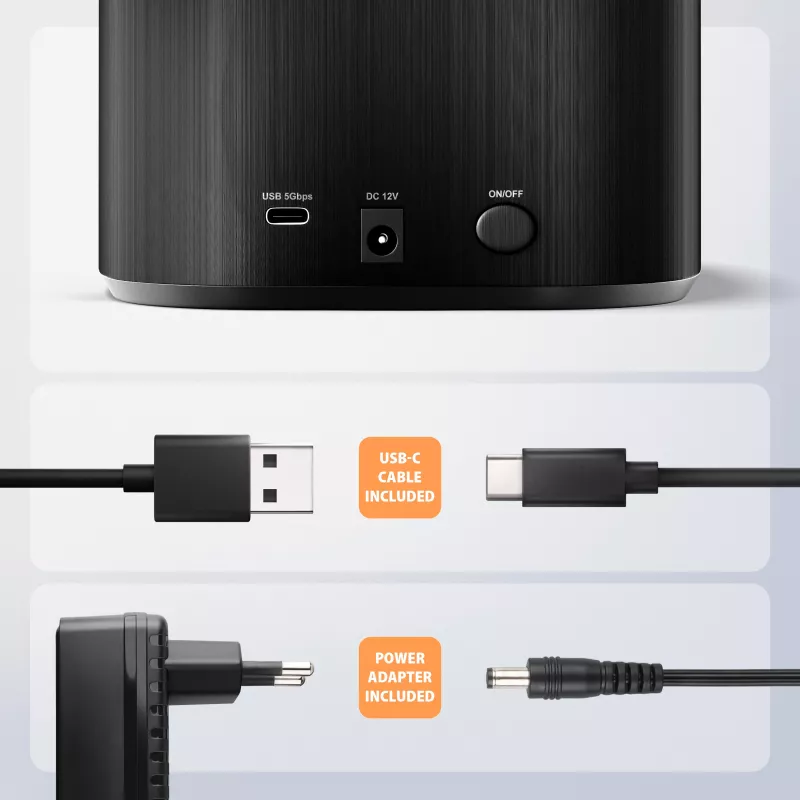 Axagon ADSA-SC prijungimo stotelė 2,5/3,5 colio SATA diskams, USB-C 5 Gbps, su klonavimo funkcija