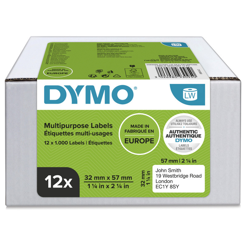 DYMO 2093095 LabelWriter lipnios etiketės įvairiems tikslams, 32 x 57 mm, 12 ritinių, baltos