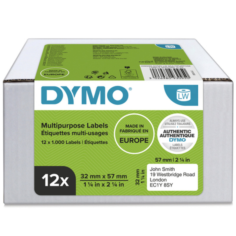 DYMO 2093095 LabelWriter lipnios etiketės įvairiems tikslams, 32 x 57 mm, 12 ritinių, baltos