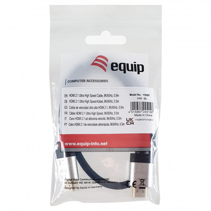 Equip 119387 HDMI 2.1 Ultra High Speed jungiamasis kabelis su Ethernet, 48 Gbps, 8K/60 Hz, juodas, 0,5 m