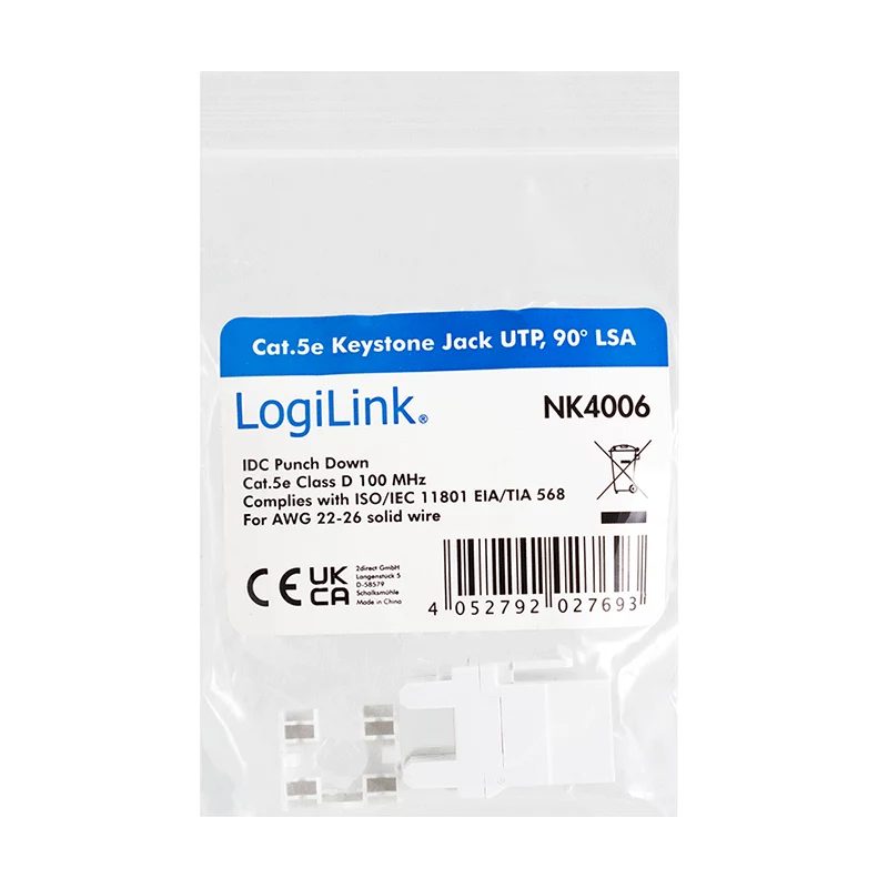 LogiLink NK4006 RJ45 keystone modulis, Cat.5e UTP, 90° įspaudimo jungimas, baltos spalvos