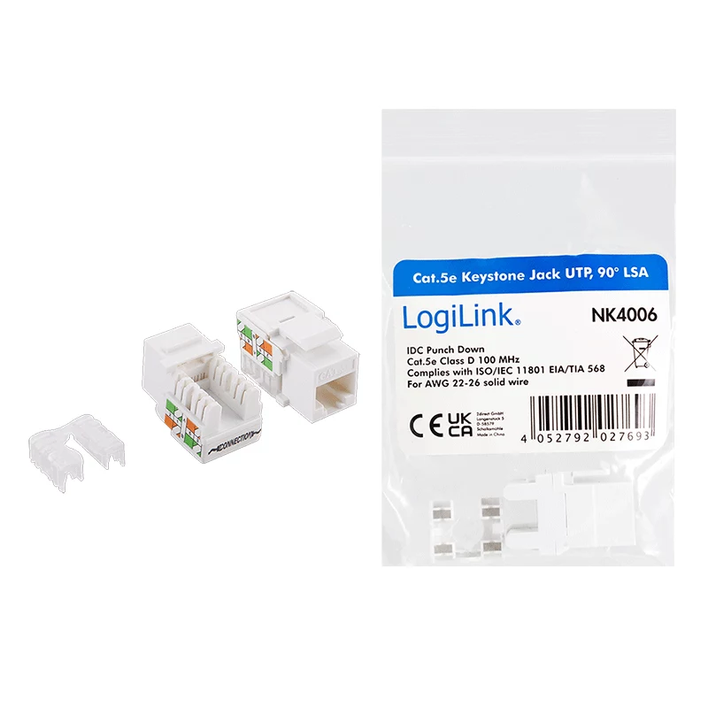 LogiLink NK4006 RJ45 keystone modulis, Cat.5e UTP, 90° įspaudimo jungimas, baltos spalvos
