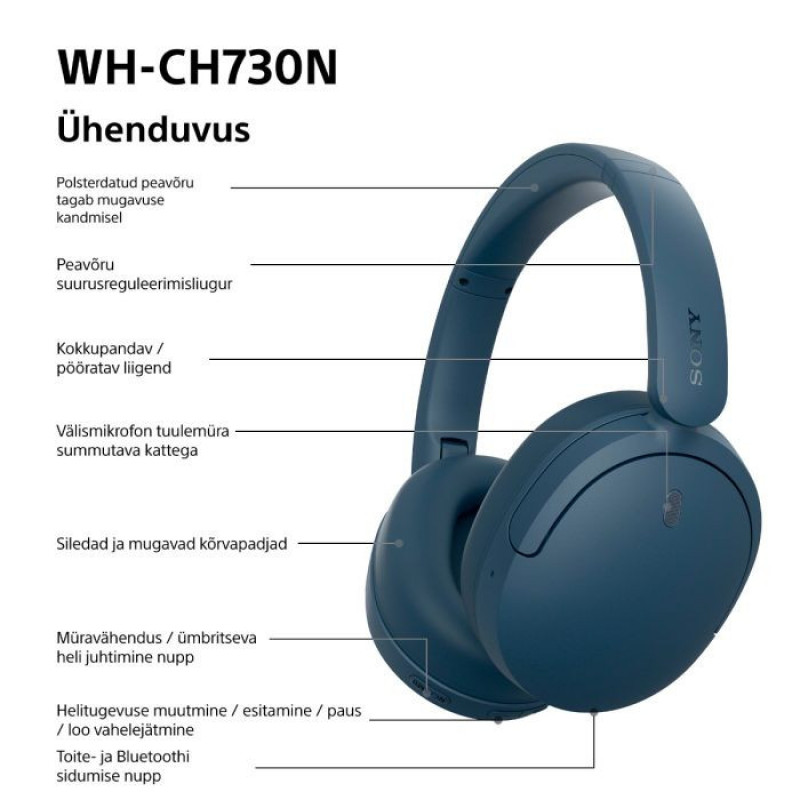 Sony WH-CH730N Bluetooth ausinės, apimančios ausis, su mikrofonu, mėlynos