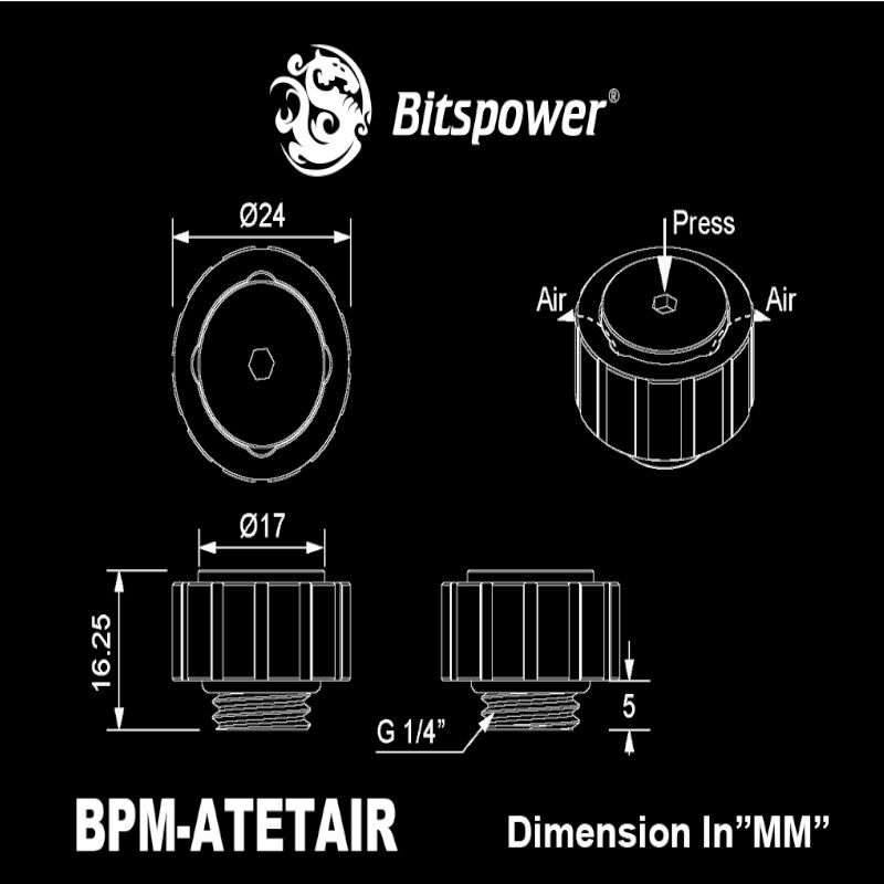 Bitspower Artemis BPM-ATETAIR-SL rankinis oro išleidiklis, išorinis sriegis G1/4″, sidabro spalvos, smėliasrove apdorotas