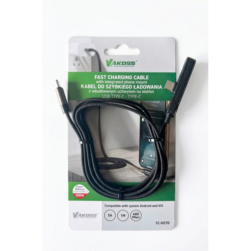 Vakoss TC-U570 USB-C į USB-C laidas su stovo funkcija, 100 W, 1 m, juodas