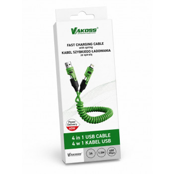 Vakoss MLU680G 4 viename laidas, 1,5 m, 60 W, 3 A, QC/PD, žalias