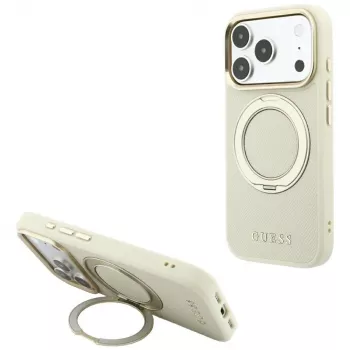 Guess GUE005667 Ring Stand 360 Grained Classic Logo MagSafe apsauginis dėklas iPhone 18 Pro / 17 Pro, smėlio spalvos