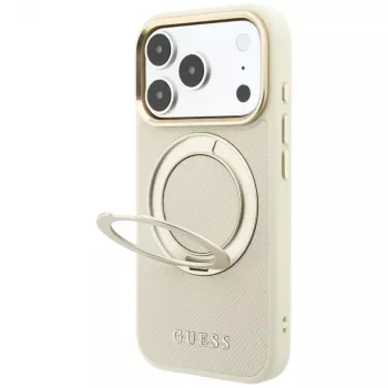 Guess GUE005667 Ring Stand 360 Grained Classic Logo MagSafe apsauginis dėklas iPhone 18 Pro / 17 Pro, smėlio spalvos