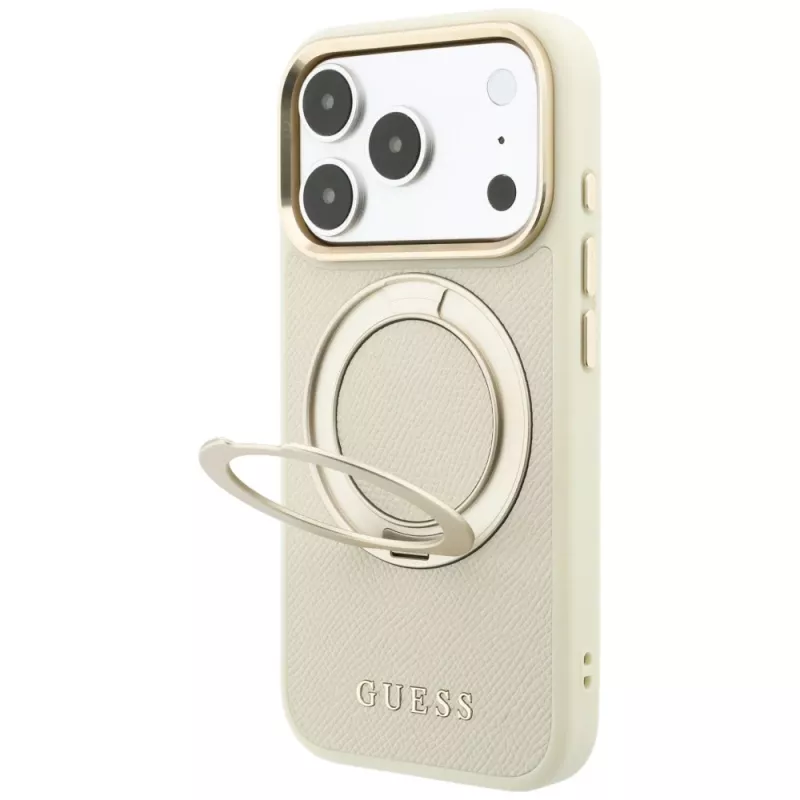 Guess GUE005667 Ring Stand 360 Grained Classic Logo MagSafe apsauginis dėklas iPhone 18 Pro / 17 Pro, smėlio spalvos