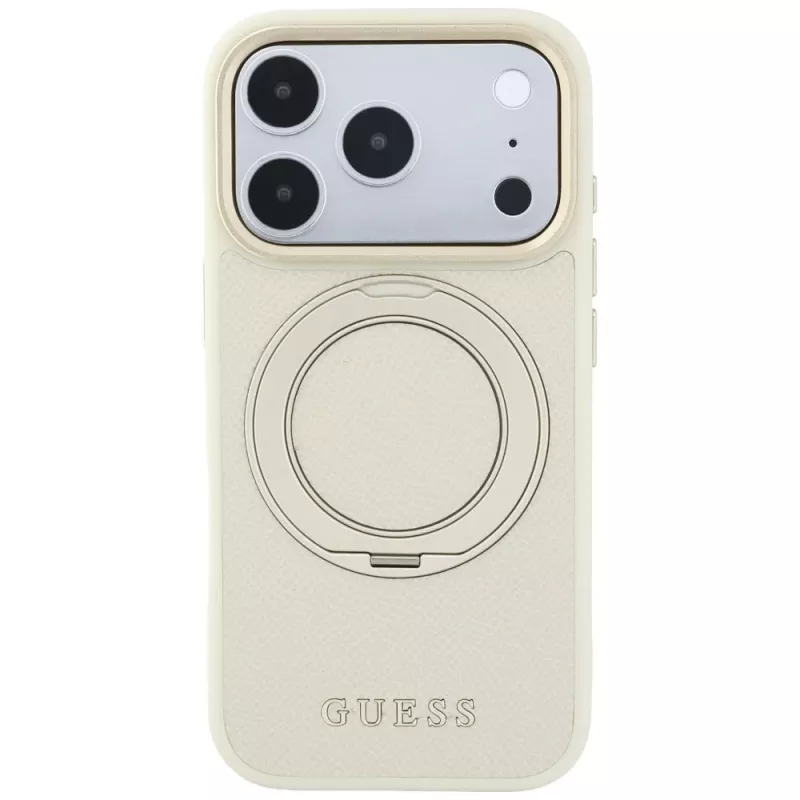 Guess GUE005667 Ring Stand 360 Grained Classic Logo MagSafe apsauginis dėklas iPhone 18 Pro / 17 Pro, smėlio spalvos