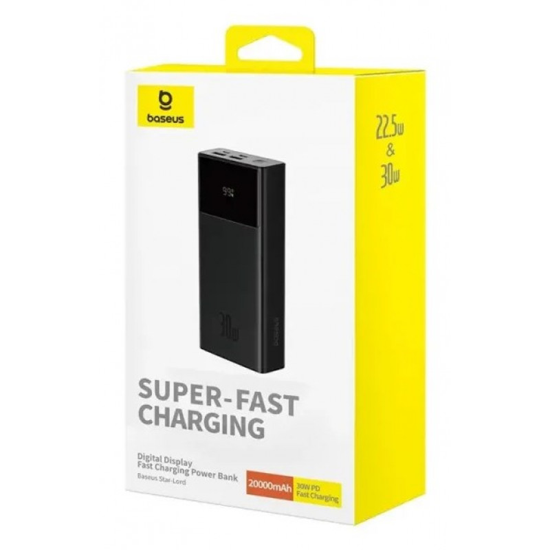 Išorinė baterija Baseus Star-Lord, 20000 mAh, 30 W, su ekranu ir kabeliu, juodos spalvos