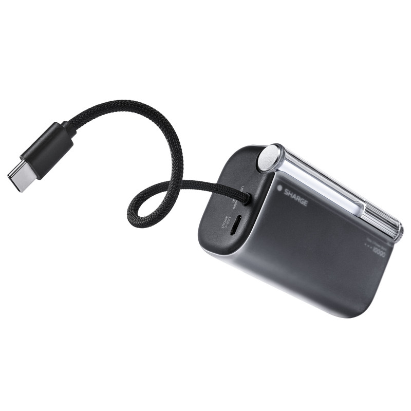 SHARGE Flow 3 powerbankas, 10 000 mAh, 45 W PD, su USB-C laidu, juodas