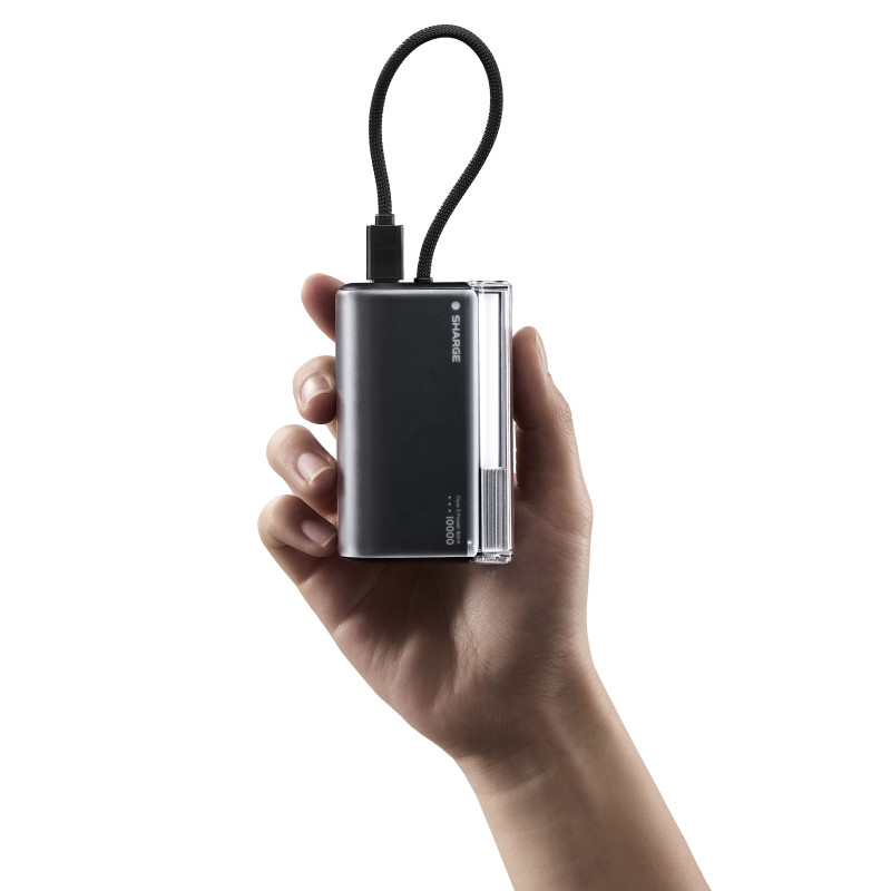 SHARGE Flow 3 powerbankas, 10 000 mAh, 45 W PD, su USB-C laidu, juodas