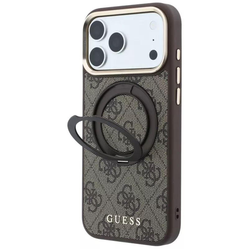 Guess GUE005690 Ring Stand 360 4G Classic Logo MagSafe dėklas, skirtas iPhone 18 Pro Max / 17 Pro Max, rudas