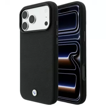 BMW Kevlar Metal Logo MagSafe telefono dėklas iPhone 18 Pro Max / 17 Pro Max, juodos spalvos