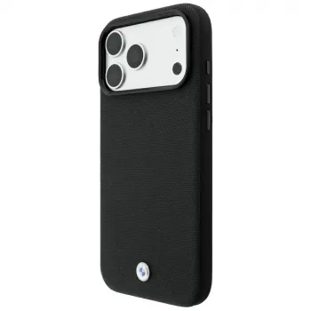 BMW Kevlar Metal Logo MagSafe telefono dėklas iPhone 18 Pro Max / 17 Pro Max, juodos spalvos