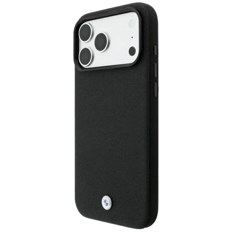 BMW Kevlar Metal Logo MagSafe telefono dėklas iPhone 18 Pro Max / 17 Pro Max, juodos spalvos