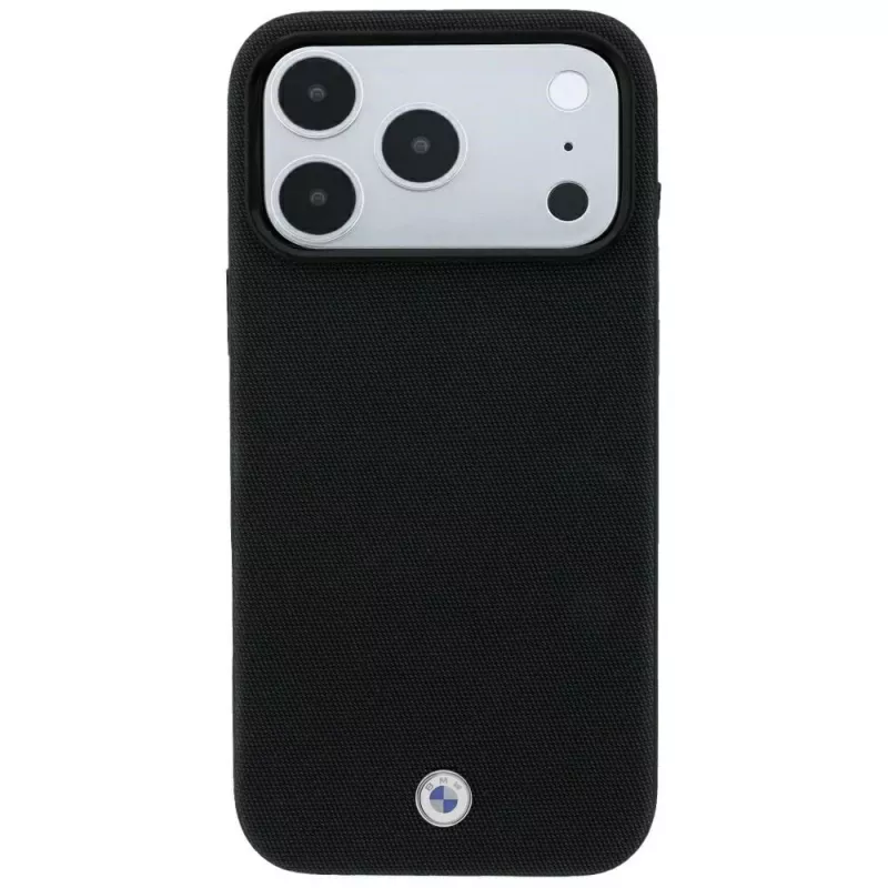 BMW Kevlar Metal Logo MagSafe telefono dėklas iPhone 18 Pro Max / 17 Pro Max, juodos spalvos