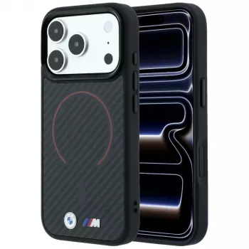 BMW M Kevlar Red Print Ring Metal Logo MagSafe telefono dėklas iPhone 18 Pro Max / 17 Pro Max, juodos spalvos