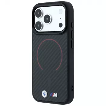 BMW M Kevlar Red Print Ring Metal Logo MagSafe telefono dėklas iPhone 18 Pro Max / 17 Pro Max, juodos spalvos