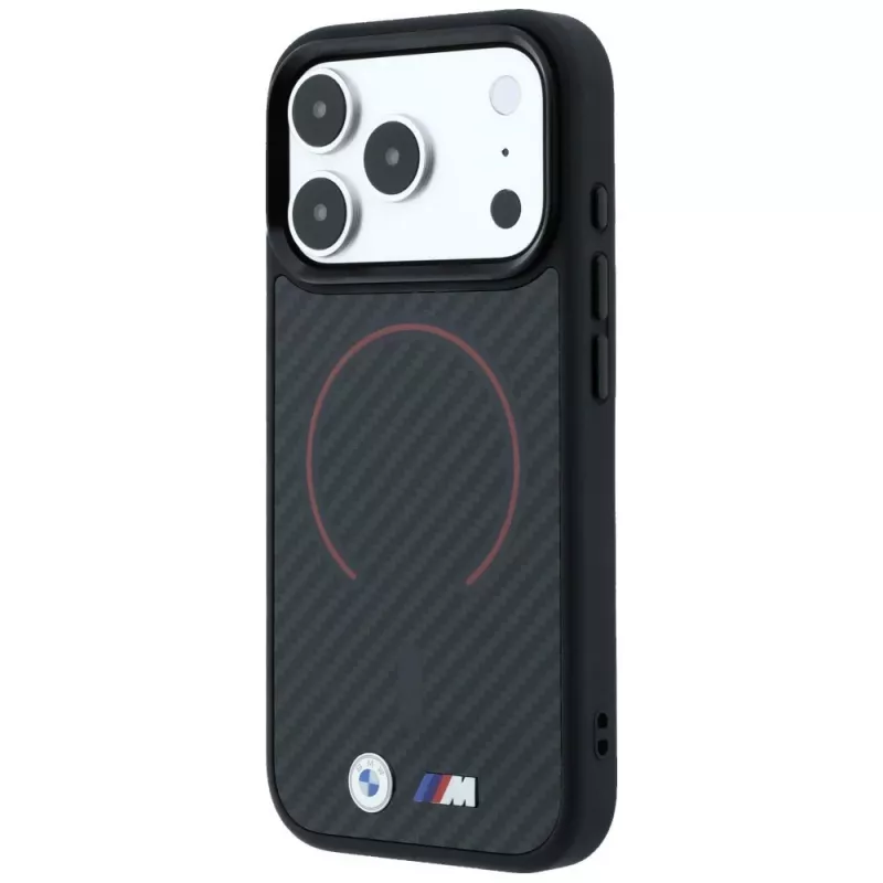 BMW M Kevlar Red Print Ring Metal Logo MagSafe telefono dėklas iPhone 18 Pro Max / 17 Pro Max, juodos spalvos