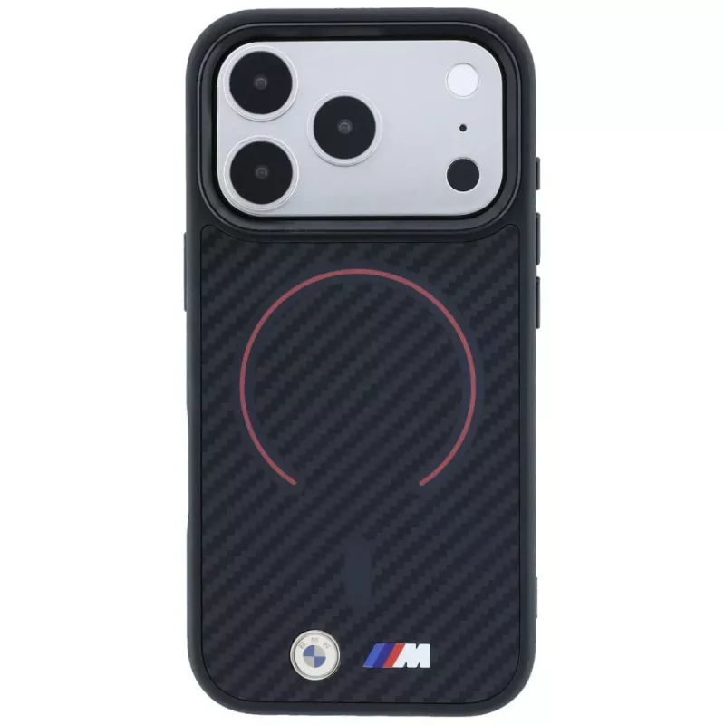 BMW M Kevlar Red Print Ring Metal Logo MagSafe telefono dėklas iPhone 18 Pro Max / 17 Pro Max, juodos spalvos
