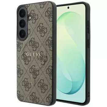 Guess Embossed 4G Ring Classic Logo MagSafe telefono dėklas Samsung Galaxy S26 FE įrenginiui, rudos spalvos