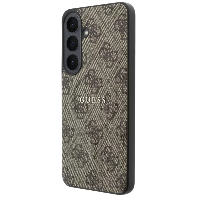 Guess Embossed 4G Ring Classic Logo MagSafe telefono dėklas Samsung Galaxy S26 FE įrenginiui, rudos spalvos