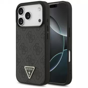 Guess Leather 4G Triangle Strass MagSafe dėklas, tinkantis iPhone 18 Pro / 17 Pro, juodos spalvos