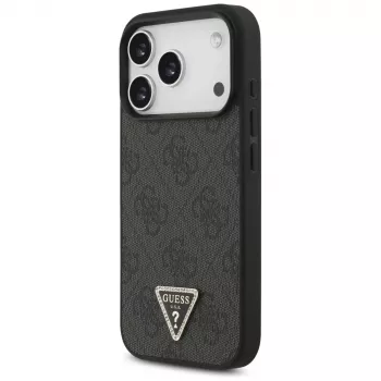 Guess Leather 4G Triangle Strass MagSafe dėklas, tinkantis iPhone 18 Pro / 17 Pro, juodos spalvos