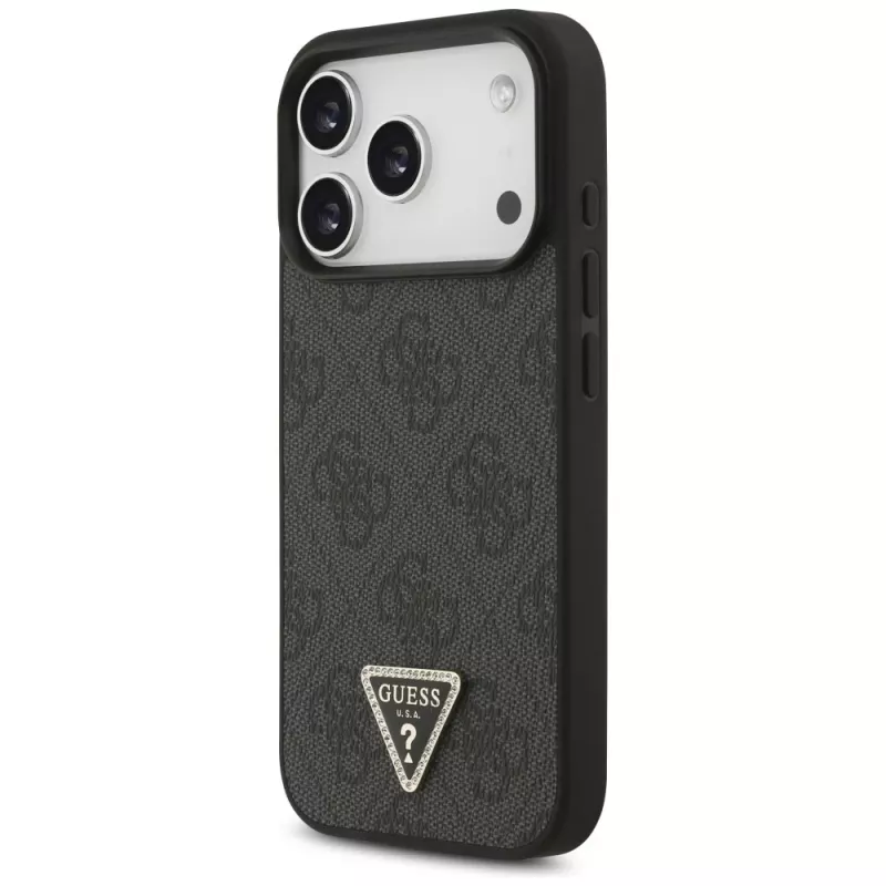 Guess Leather 4G Triangle Strass MagSafe dėklas, tinkantis iPhone 18 Pro / 17 Pro, juodos spalvos