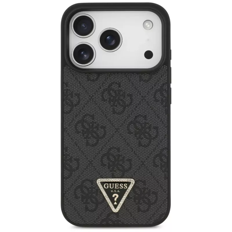 Guess Leather 4G Triangle Strass MagSafe dėklas, tinkantis iPhone 18 Pro / 17 Pro, juodos spalvos