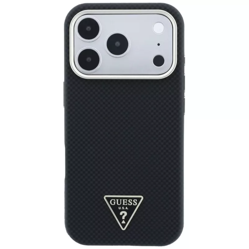 Guess Kevlar Triangle Logo MagSafe dėklas, tinkantis iPhone 18 Pro Max / 17 Pro Max, juodos spalvos
