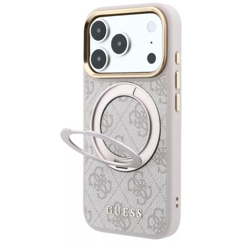 Guess Ring Stand 360 4G Classic Logo telefono dėklas su MagSafe, tinkantis iPhone 18 Pro / 17 Pro, rožinis