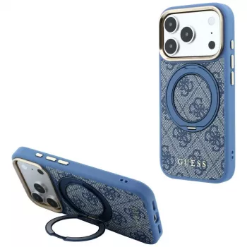 Guess Ring Stand 360 4G Classic Logo MagSafe apsauginis dėklas iPhone 18 Pro / 17 Pro, mėlynas