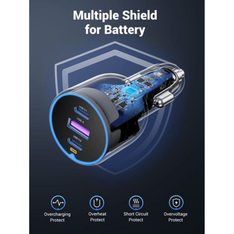 Ugreen EC705 automobilinis USB įkroviklis su 2x USB-C, 130 W, 1 m 5 A kabelis