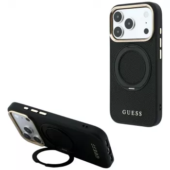 Guess GUE005670 dėklas telefonui iPhone 18 Pro Max / 17 Pro Max, Ring Stand 360 Grained Classic Logo, MagSafe, juodas