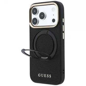 Guess GUE005670 dėklas telefonui iPhone 18 Pro Max / 17 Pro Max, Ring Stand 360 Grained Classic Logo, MagSafe, juodas