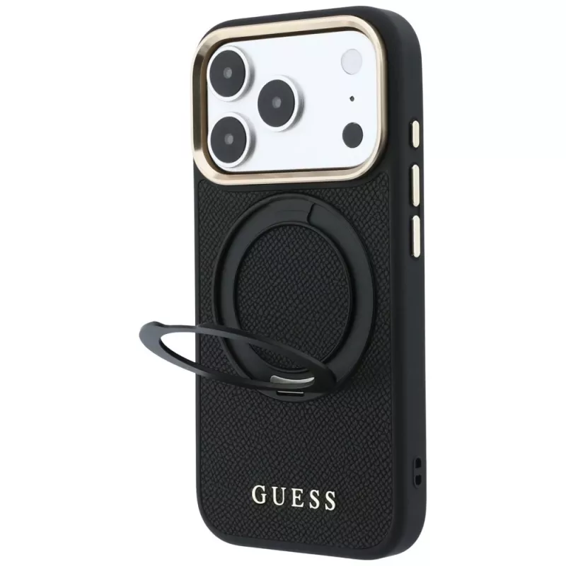 Guess GUE005670 dėklas telefonui iPhone 18 Pro Max / 17 Pro Max, Ring Stand 360 Grained Classic Logo, MagSafe, juodas