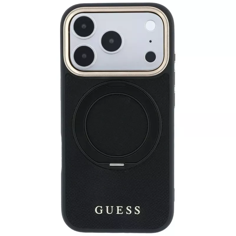 Guess GUE005670 dėklas telefonui iPhone 18 Pro Max / 17 Pro Max, Ring Stand 360 Grained Classic Logo, MagSafe, juodas