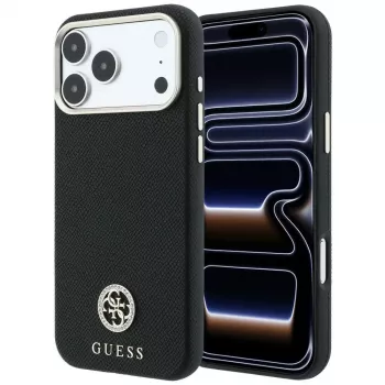 Guess GUE005533 Grained Round Strass Logo apsauginis MagSafe dėklas iPhone 18 Pro / 17 Pro, juodas