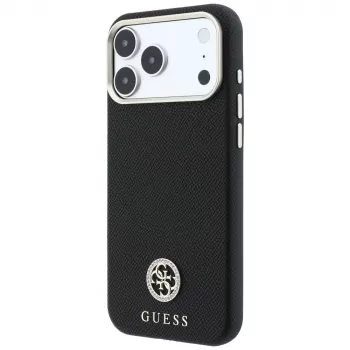 Guess GUE005533 Grained Round Strass Logo apsauginis MagSafe dėklas iPhone 18 Pro / 17 Pro, juodas