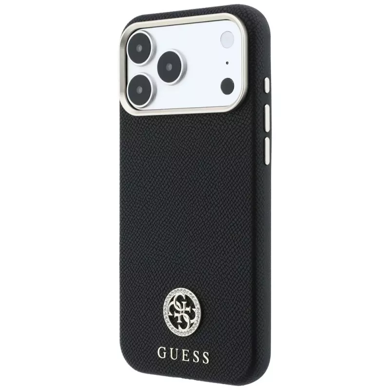 Guess GUE005533 Grained Round Strass Logo apsauginis MagSafe dėklas iPhone 18 Pro / 17 Pro, juodas